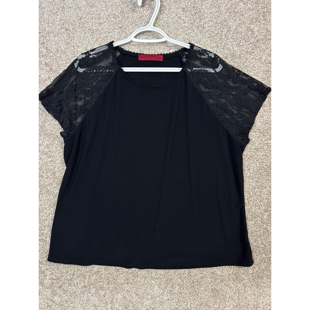 Love Scarlett Black Lace Raglan Sleeve Blouse Top 1X Scoop Neck Crochet Trim